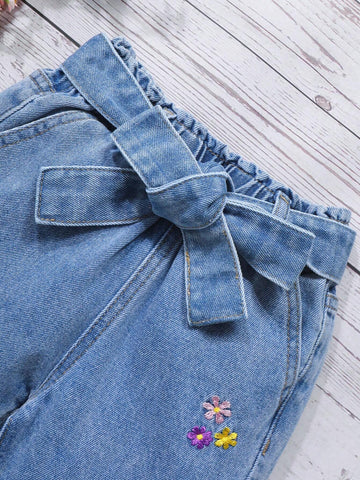 Young Girl Casual Light Blue Acid-Washed Embroidered Tapered Jeans Young Girl Casual Light Blue Acid-Washed Embroidered Tapered Jeans