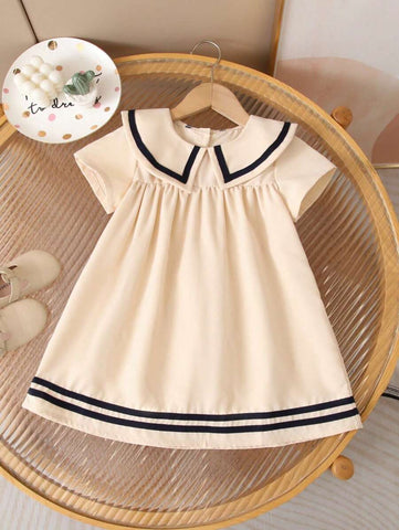 Young Girl Casual Navy Style Short Sleeve Beach Dress, Versatile Party Princess Dress, Summer Young Girl Casual Navy Style Short Sleeve Beach Dress, Versatile Party Princess Dress, Summer