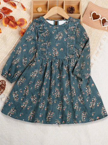 Young Girl Casual Ruffle Trim Round Neck Long Sleeve Floral Dress For Autumn And Winter Young Girl Casual Ruffle Trim Round Neck Long Sleeve Floral Dress For Autumn And Winter