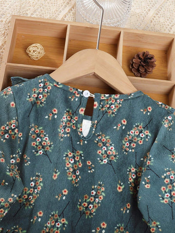 Young Girl Casual Ruffle Trim Round Neck Long Sleeve Floral Dress For Autumn And Winter Young Girl Casual Ruffle Trim Round Neck Long Sleeve Floral Dress For Autumn And Winter