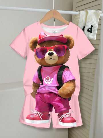 Young Girl Casual Simple Cartoon Bear Pattern Short Sleeve T-Shirt And Shorts Set, Suitable For Summer Young Girl Casual Simple Cartoon Bear Pattern Short Sleeve T-Shirt And Shorts Set, Suitable For Summer