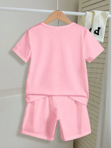 Young Girl Casual Simple Cartoon Bear Pattern Short Sleeve T-Shirt And Shorts Set, Suitable For Summer Young Girl Casual Simple Cartoon Bear Pattern Short Sleeve T-Shirt And Shorts Set, Suitable For Summer