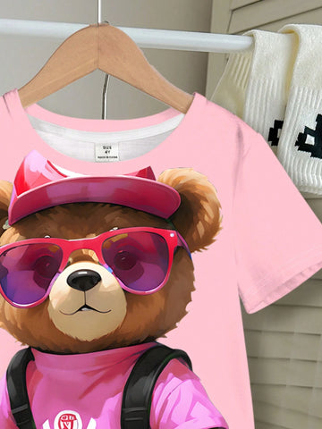 Young Girl Casual Simple Cartoon Bear Pattern Short Sleeve T-Shirt And Shorts Set, Suitable For Summer Young Girl Casual Simple Cartoon Bear Pattern Short Sleeve T-Shirt And Shorts Set, Suitable For Summer