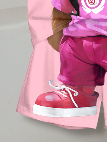 Young Girl Casual Simple Cartoon Bear Pattern Short Sleeve T-Shirt And Shorts Set, Suitable For Summer Young Girl Casual Simple Cartoon Bear Pattern Short Sleeve T-Shirt And Shorts Set, Suitable For Summer