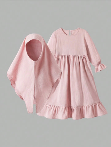 Young Girl Casual Solid Color Ruffle Trim Long Sleeve Dress Young Girl Casual Solid Color Ruffle Trim Long Sleeve Dress