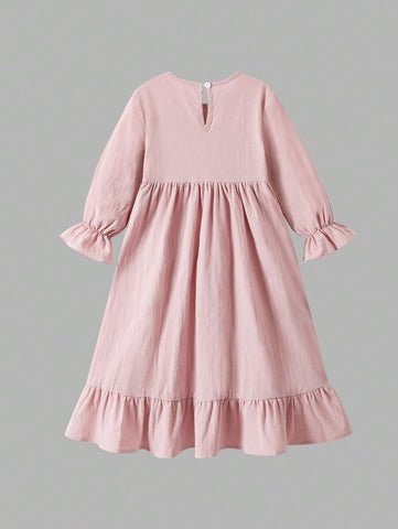 Young Girl Casual Solid Color Ruffle Trim Long Sleeve Dress Young Girl Casual Solid Color Ruffle Trim Long Sleeve Dress