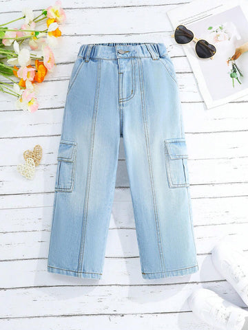 Young Girl Casual Straight Leg Washed Workwear Denim Pants Young Girl Casual Straight Leg Washed Workwear Denim Pants