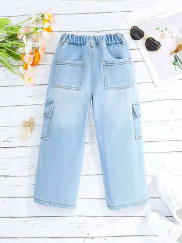 Young Girl Casual Straight Leg Washed Workwear Denim Pants Young Girl Casual Straight Leg Washed Workwear Denim Pants
