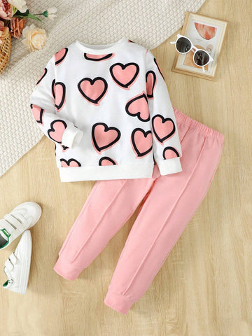 Young Girl Casual Sweatshirt With Heart Print And Pants Set, Spring/Fall Young Girl Casual Sweatshirt With Heart Print And Pants Set, Spring/Fall