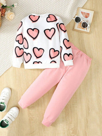 Young Girl Casual Sweatshirt With Heart Print And Pants Set, Spring/Fall Young Girl Casual Sweatshirt With Heart Print And Pants Set, Spring/Fall