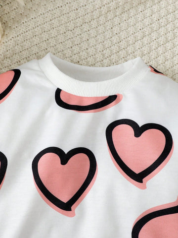 Young Girl Casual Sweatshirt With Heart Print And Pants Set, Spring/Fall Young Girl Casual Sweatshirt With Heart Print And Pants Set, Spring/Fall