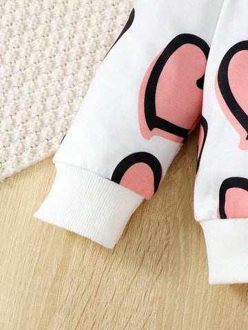 Young Girl Casual Sweatshirt With Heart Print And Pants Set, Spring/Fall Young Girl Casual Sweatshirt With Heart Print And Pants Set, Spring/Fall