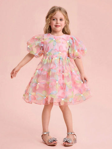 Young Girl Charming Elegant Floral Print Mesh Short Sleeve Dress, Summer Young Girl Charming Elegant Floral Print Mesh Short Sleeve Dress, Summer