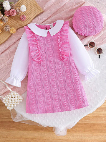 Young Girl Chic Long Sleeve Peter Pan Collar Ruffled Hem Princess Dress + Matching Beret, Spring/Autumn Young Girl Chic Long Sleeve Peter Pan Collar Ruffled Hem Princess Dress + Matching Beret, Spring/Autumn