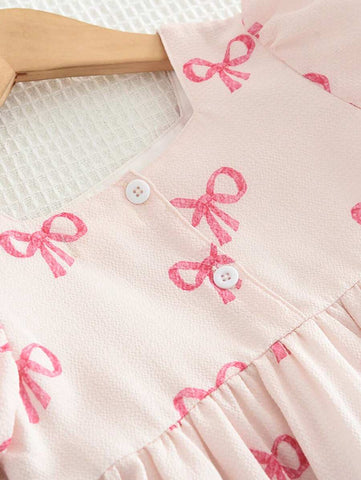 Young Girl Cute Bow Print Textured Short-Sleeved Dress For Summer Young Girl Cute Bow Print Textured Short-Sleeved Dress For Summer