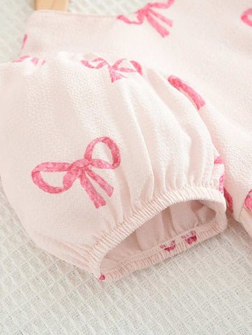 Young Girl Cute Bow Print Textured Short-Sleeved Dress For Summer Young Girl Cute Bow Print Textured Short-Sleeved Dress For Summer