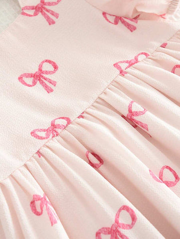 Young Girl Cute Bow Print Textured Short-Sleeved Dress For Summer Young Girl Cute Bow Print Textured Short-Sleeved Dress For Summer