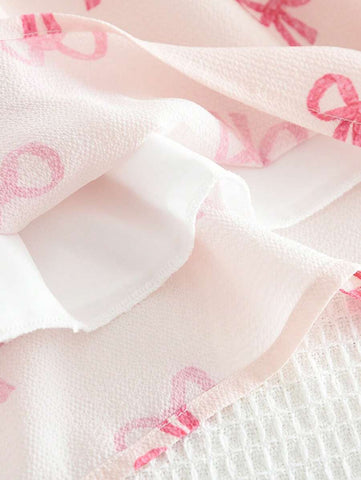 Young Girl Cute Bow Print Textured Short-Sleeved Dress For Summer Young Girl Cute Bow Print Textured Short-Sleeved Dress For Summer