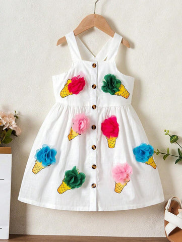 Young Girl' Cute Ice Cream Print Woven Spaghetti Strap Dress Young Girl' Cute Ice Cream Print Woven Spaghetti Strap Dress