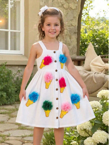 Young Girl' Cute Ice Cream Print Woven Spaghetti Strap Dress Young Girl' Cute Ice Cream Print Woven Spaghetti Strap Dress