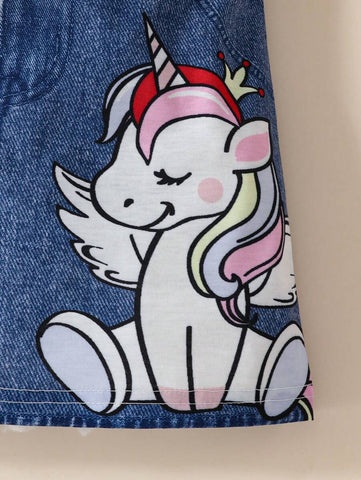 Young Girl Cute Unicorn, Heart, Letter Print Round Neck Cap Sleeve 2 In 1 Dress Young Girl Cute Unicorn, Heart, Letter Print Round Neck Cap Sleeve 2 In 1 Dress