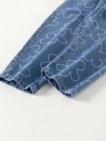 Young Girl Daily Casual Cute Small Flower Printed Denim Pants, Versatile Young Girl Daily Casual Cute Small Flower Printed Denim Pants, Versatile