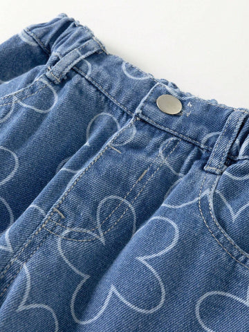 Young Girl Daily Casual Cute Small Flower Printed Denim Pants, Versatile Young Girl Daily Casual Cute Small Flower Printed Denim Pants, Versatile