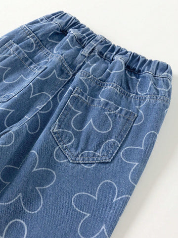 Young Girl Daily Casual Cute Small Flower Printed Denim Pants, Versatile Young Girl Daily Casual Cute Small Flower Printed Denim Pants, Versatile
