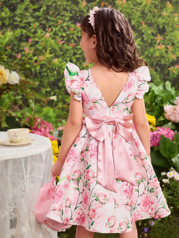 Young Girl Ditsy Floral Round Neck Ruffle Trim Bowknot Design Woven Dress Young Girl Ditsy Floral Round Neck Ruffle Trim Bowknot Design Woven Dress