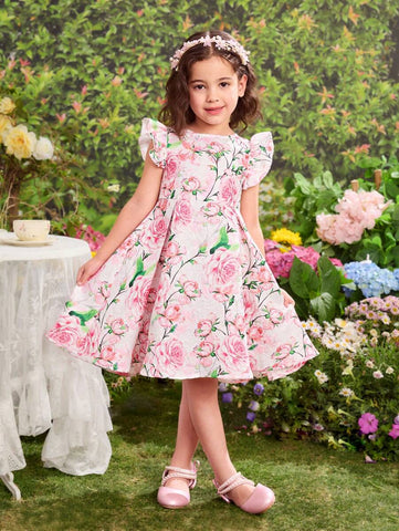 Young Girl Ditsy Floral Round Neck Ruffle Trim Bowknot Design Woven Dress Young Girl Ditsy Floral Round Neck Ruffle Trim Bowknot Design Woven Dress