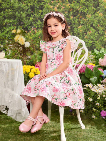 Young Girl Ditsy Floral Round Neck Ruffle Trim Bowknot Design Woven Dress Young Girl Ditsy Floral Round Neck Ruffle Trim Bowknot Design Woven Dress
