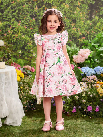 Young Girl Ditsy Floral Round Neck Ruffle Trim Bowknot Design Woven Dress Young Girl Ditsy Floral Round Neck Ruffle Trim Bowknot Design Woven Dress