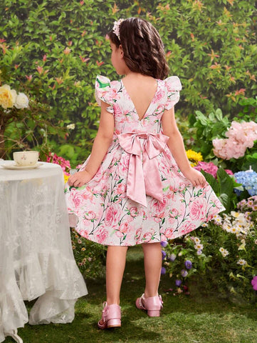 Young Girl Ditsy Floral Round Neck Ruffle Trim Bowknot Design Woven Dress Young Girl Ditsy Floral Round Neck Ruffle Trim Bowknot Design Woven Dress