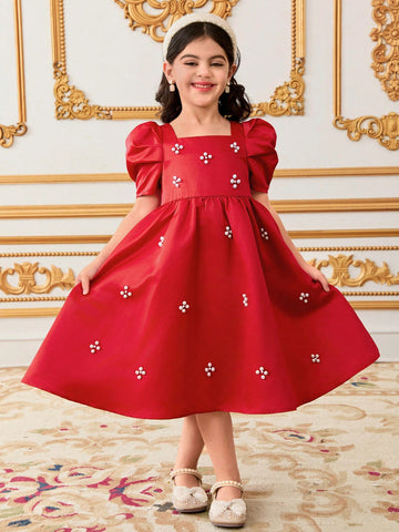 Young Girl Elegant Beaded Square Collar Gigot Sleeve Princess Frill Hem Solid Satin Dress Young Girl Elegant Beaded Square Collar Gigot Sleeve Princess Frill Hem Solid Satin Dress