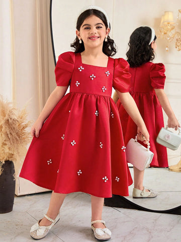 Young Girl Elegant Beaded Square Collar Gigot Sleeve Princess Frill Hem Solid Satin Dress Young Girl Elegant Beaded Square Collar Gigot Sleeve Princess Frill Hem Solid Satin Dress