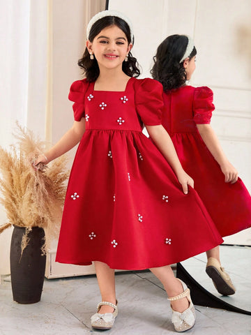 Young Girl Elegant Beaded Square Collar Gigot Sleeve Princess Frill Hem Solid Satin Dress Young Girl Elegant Beaded Square Collar Gigot Sleeve Princess Frill Hem Solid Satin Dress