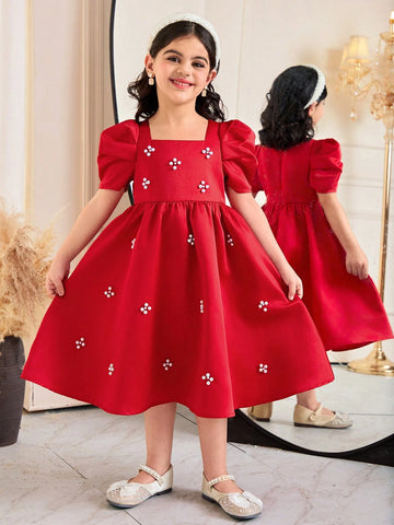 Young Girl Elegant Beaded Square Collar Gigot Sleeve Princess Frill Hem Solid Satin Dress Young Girl Elegant Beaded Square Collar Gigot Sleeve Princess Frill Hem Solid Satin Dress