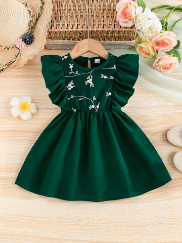 Young Girl Elegant Embroidery A-Line Dress With Flutter Sleeves, Fashionable & Breathable For Spring/Summer Young Girl Elegant Embroidery A-Line Dress With Flutter Sleeves, Fashionable & Breathable For Spring/Summer