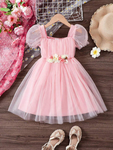 Young Girl Elegant Floral Decor Lantern Sleeve Waisted A-Line Dress Young Girl Elegant Floral Decor Lantern Sleeve Waisted A-Line Dress