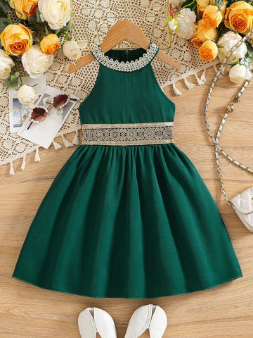 Young Girl Elegant Floral Lace Trim Open Shoulder Zipper Back Dress Young Girl Elegant Floral Lace Trim Open Shoulder Zipper Back Dress