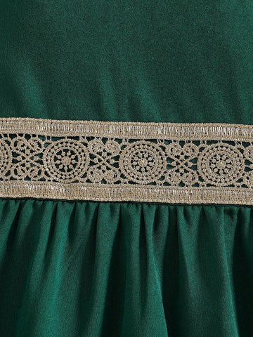 Young Girl Elegant Floral Lace Trim Open Shoulder Zipper Back Dress Young Girl Elegant Floral Lace Trim Open Shoulder Zipper Back Dress