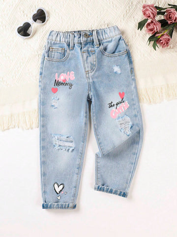 Young Girl Enzyme Washing+Light Blue Color Wash+Cut-Out Detail+Heart Print Jeans Young Girl Enzyme Washing+Light Blue Color Wash+Cut-Out Detail+Heart Print Jeans