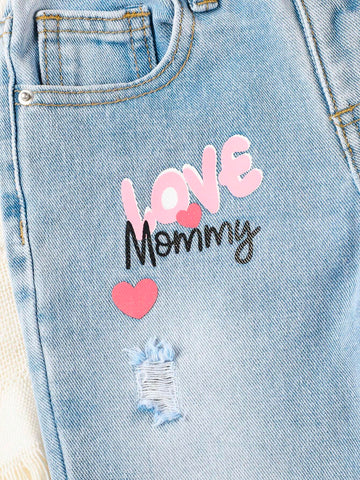 Young Girl Enzyme Washing+Light Blue Color Wash+Cut-Out Detail+Heart Print Jeans Young Girl Enzyme Washing+Light Blue Color Wash+Cut-Out Detail+Heart Print Jeans