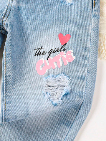 Young Girl Enzyme Washing+Light Blue Color Wash+Cut-Out Detail+Heart Print Jeans Young Girl Enzyme Washing+Light Blue Color Wash+Cut-Out Detail+Heart Print Jeans