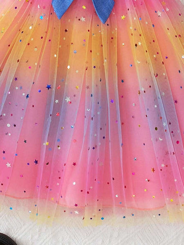 Young Girl Fashion Casual Solid Color Denim Effect Sleeveless Ruffled Collar Backless Strap Bow Splice With Lining & Starry Net Mesh Dress Young Girl Fashion Casual Solid Color Denim Effect Sleeveless Ruffled Collar Backless Strap Bow Splice With Lining & Starry Net Mesh Dress