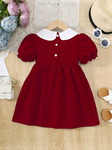 Young Girl' Fashionable Patchwork Color Block Peter Pan Collar Ruffle Trim Short Sleeve Summer Dress Young Girl' Fashionable Patchwork Color Block Peter Pan Collar Ruffle Trim Short Sleeve Summer Dress