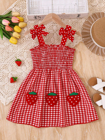 Young Girl Fashionable, Sweet Style Cute Strawberry & Patch Off Shoulder Spaghetti Strap Dress Young Girl Fashionable, Sweet Style Cute Strawberry & Patch Off Shoulder Spaghetti Strap Dress