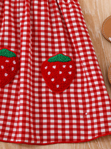 Young Girl Fashionable, Sweet Style Cute Strawberry & Patch Off Shoulder Spaghetti Strap Dress Young Girl Fashionable, Sweet Style Cute Strawberry & Patch Off Shoulder Spaghetti Strap Dress