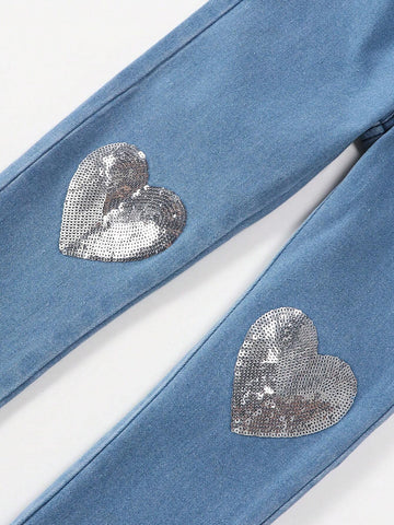 Young Girl Fashionable Sweetheart Contrast Sequin Heart Pattern Jeans Young Girl Fashionable Sweetheart Contrast Sequin Heart Pattern Jeans