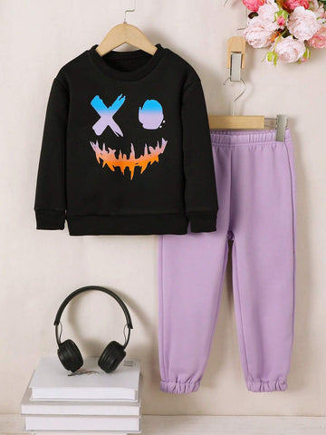 Young Girl' Fleece Graphic Print Sweatshirt And Casual Pants Set, Autumn/Winter Young Girl' Fleece Graphic Print Sweatshirt And Casual Pants Set, Autumn/Winter